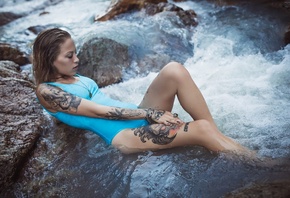 women, river, tattoo, blonde, one-piece swimsuit, sitting, wet hair, necklace, nose rings, pierced nose, wet body, water drops