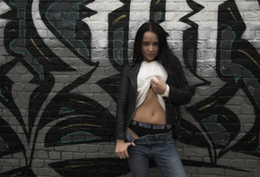 women, Angelina Petrova, brunette, jeans, leather jackets, wall, underwear, graffiti, portrait, model