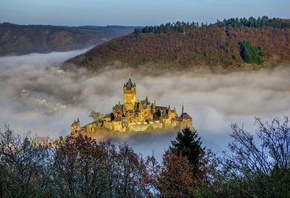 природа, пейзаж, архитектура, замок, туман, холмы, деревья, Германия, лес,  ...