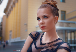 women, blonde, blue eyes, portrait, depth of field, looking away, women outdoors