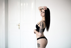 women, brunette, ass, black lingerie, tattoo, black hair, painted nails, nose rings