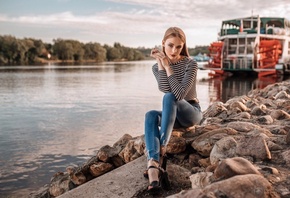 women, blonde, jeans, river, depth of field, portrait, sitting, women outdoors