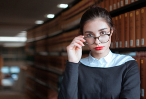 women, depth of field, red lipstick, women with glasses, portrait