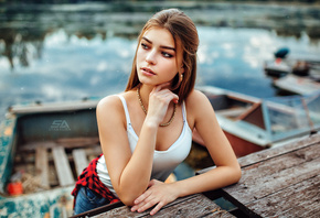women, boat, portrait, depth of field, women outdoors, necklace