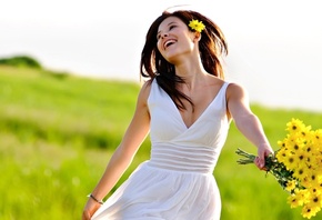 , , , , ,   , , , women, brunette, smile, happiness, dress, girl outdoors, flowers, bouquet