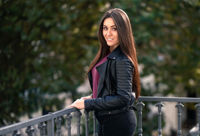 women, portrait, smiling, depth of field, leather jackets, women outdoors, balcony, jeans