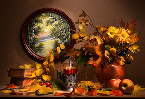 Валентина Колова, still life, натюрморт, ваза, ветки, листья, цветы, ягоды, стакан, чай, книги, картина, фрукты, яблоки