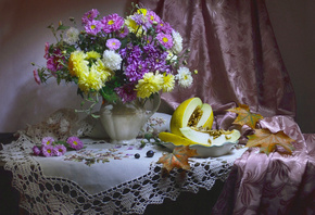 Валентина Колова, still life, натюрморт, столик, салфетка, кувшин, цветы, а ...