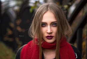 women, blonde, Maksim Romanov, face, depth of field, scarf, blue eyes