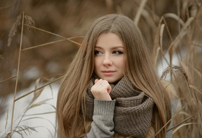 women, face, blonde, scarf, portrait, depth of field, looking away, women outdoors