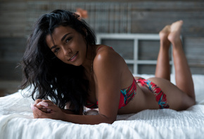 women, tanned, smiling, bikini, tattoo, lying on front, in bed, ass, depth of field