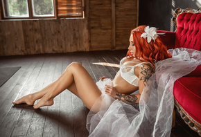 women, redhead, brunette, white lingerie, boobs, closed eyes, sitting, tattoo, couch