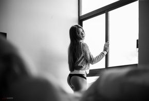 women, ass, Luis Gaston, black panties, long hair, window, monochrome