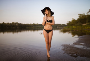 women, belly, black bikinis, hat, blonde, river, the gap, looking away, wom ...