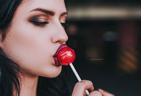 women, face, lollipop, Anton Harisov, Fotoshi Toshi, portrait, depth of field, eyeliner, makeup