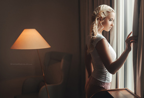 women, blonde, portrait, ass, panties, looking away, tanned, window