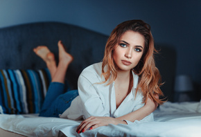 women, redhead, jeans, red nails, shirt, in bed, blue eyes, depth of field, ...