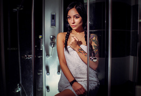 women, tattoo, pigtails, portrait, shower, towel