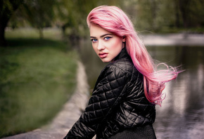 women, pink hair, portrait, leather jackets, blue eyes, depth of field, women outdoors