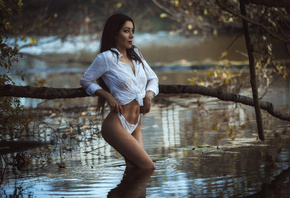 women, belly, white panties, shirt, river, see-through clothing, tanned, long hair, women outdoors