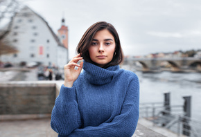 women, face, turtlenecks, portrait, women outdoors, depth of field