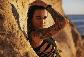 women, tattoo, portrait, sea, wet hair, looking away, one-piece swimsuit, depth of field, women outdoors, tanned