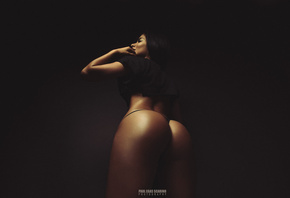 women, tanned, Camila Guzman, ass, rear view, black panties, simple backgro ...