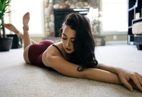 women, ass, brunette, on the floor, lying on front, lingerie, depth of field