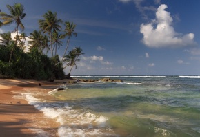 Берег, пляж, песок, волны, пальмы, облака, океан, Шри Ланка, Георгий Машков ...