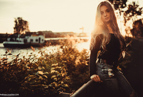 women, blonde, portrait, nose rings, torn jeans, depth of field, women outdoors, Andreas-Joachim Lins, long hair