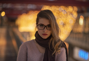 women, blonde, bokeh, scarf, portrait, women with glasses