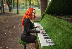 women, redhead, black clothing, trees, sitting, brunette, skirt, depth of field, women outdoors, piano, tattoo