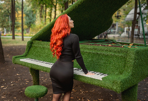 women, redhead, black clothing, trees, brunette, skirt, depth of field, women outdoors, piano