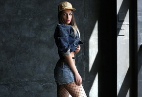 women, brunette, jean shorts, denim, portrait, fishnet stockings, baseball caps