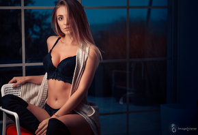 women, tanned, sitting, chair, black lingerie, black stockings, portrait, b ...