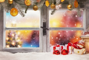 праздник, новый год, рождество, окно, зима, снег, ёлка, подоконник, ветки,  ...