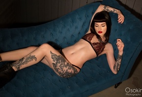 women, tattoo, brunette, red lipstick, couch, shoes, red lingerie, belly, p ...