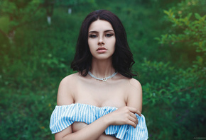 women, portrait, brunette, necklace, depth of field, women outdoors