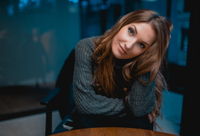 women, sitting, face, portrait, chair, smiling, depth of field