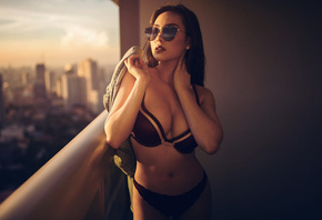 women, Asian, sunglasses, balcony, belly, lingerie, depth of field, sunset, brunette