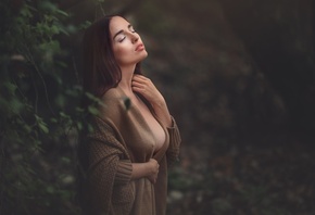 women, closed eyes, boobs, depth of field, women outdoors, nipple through clothing, portrait