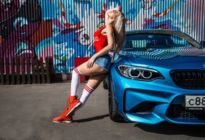 women, blonde, jean shorts, women with cars, T-shirt, ass, white stockings, women outdoors, BMW, graffiti, tanned, shoes