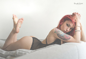 women, redhead, ass, tattoo, black lingerie, lying on front, pierced lip, b ...