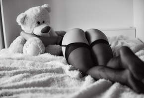 women, ass, teddy bears, in bed, lying on front, garter belt, tattoo, black lingerie, monochrome