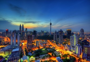 Куала-Лумпур, закат, 4к, небоскребы, городской пейзаж, Малайзия