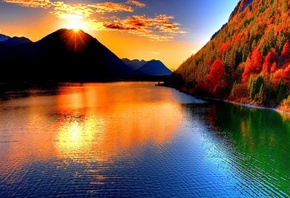 природа, осень, горы, лес, деревья, небо, озеро, отражение, вершина, солнце