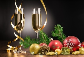 праздник, новый год, бокалы, шампанское, серпантин, игрушки, шарики, ветки, ...