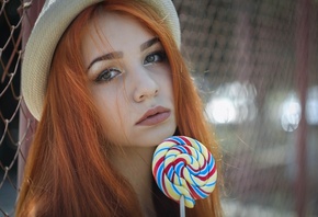 women, face, portrait, redhead, hat, depth of field