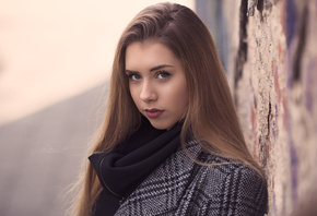 women, blonde, face, scarf, portrait, depth of field