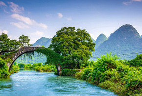горы, природа, пейзаж, мост, китай